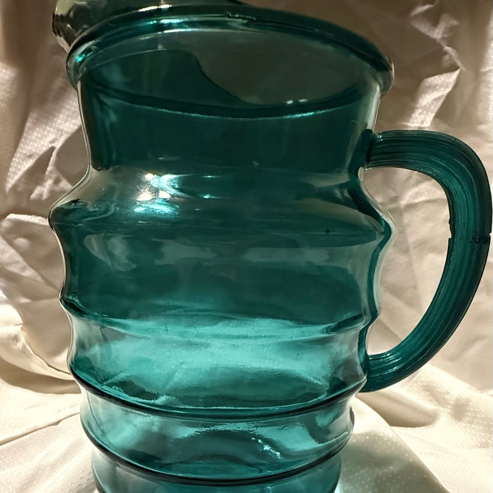 MCM Vintage Teal Blue Green Ribbed Glass Pitcher 9.5” Jug
